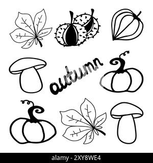Herbstillustration mit Blättern, Kürbissen, Kastanien und Pilzen auf weißem Hintergrund Stock Vektor