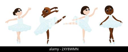 Set einer Ballerina-Tänzerin in Tutus und spitzenschuhen. Die Kinder des Mädchens imitieren Ballettbewegungen und sehen glücklich aus. Illustration für Tanzschulen, illu Stock Vektor