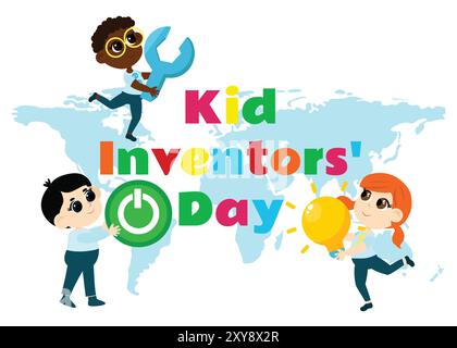 Tag Der Kindererfinder. Niedlicher Junge und Mädchen mit Glühbirne und Schraubenschlüssel und Knopf einschalten und Text Children's Invention Day in Cartoon kindish Style. Stock Vektor