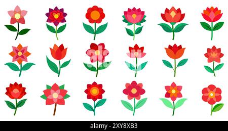 Blumensymbol. Set roter Blumen mit grünen Blättern. Blumensymbole. Vektorabbildung Stock Vektor