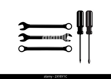 Retro Vintage Doppelkastenende, Kombinationsschlüssel, doppeltes offenes Ende und Schraubendreher Illustration Vektor Stock Vektor