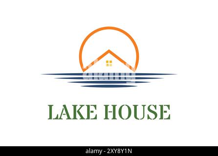 Sunset House River Lake Creek Beach für Cottage Inn oder Hotel Logo Design Stock Vektor