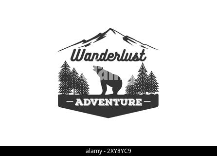 Handgezeichnetes Vintage-Adventure-Label. Definition von Fernweh-Zeichen und Outdoor-Aktivitätssymbole Berge Wald Bär Retro-Stil isoliert auf wh Stock Vektor