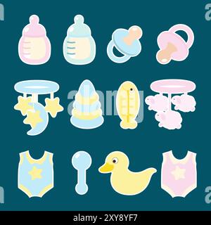 Ein Satz von Aufklebern von Artikeln für Neugeborene oder Kinder. Mobil, Kamm, Flasche, Schnuller, Gummiente, Body. Vektorabbildung in Pastellfarben Stock Vektor