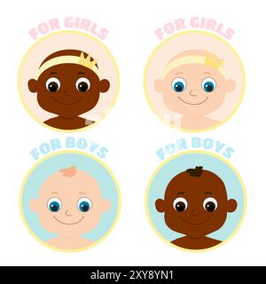 Baby Jungen und Mädchen Ikonen Set. Kinder afrikanischer, afroamerikanischer und europäischer Rassen und Text für Jungen und Mädchen. Stock Vektor