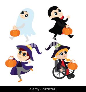 Halloween-Set mit Charakteren im Cartoon-Stil auf weißem Hintergrund. Kinder im Zauberanzug, eine Hexe im Rollstuhl, ein Vampir und ein Geist. Stock Vektor