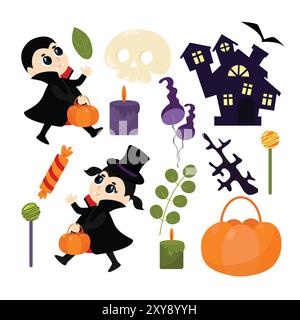 Kinder in Vampirkostümen und Halloween-Attributen Pflanzenblätter, Süßigkeiten, Kürbis, Schloss, Lutscher, Korb, Schädel, Kerzen im Cartoon-Stil auf A Stock Vektor