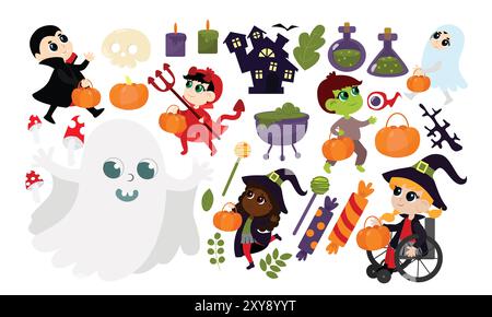 Setzen Sie Kinder in Halloween-Kostüme und Pflanzen Sie Blätter, Süßigkeiten, Kürbis, Schloss, Trank, Gift, Flaschen, Auge, Lutscher, Korb, Schädel, Kerzen, Fledermaus in ca. Stock Vektor