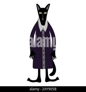 Halloween Werwolf schwarze Katze im lila Kostüm. Mystische Illustration im Cartoon-Stil für Feiertagsdesign. Stock Vektor