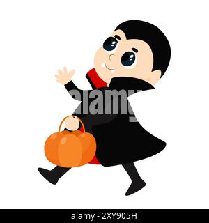 Ein kleines süßes Kind, das als Vampir oder Graf Dracula verkleidet ist, geht fröhlich mit einem Süßigkeiten-Kürbiskorb. Halloween-Figur im Cartoon-Stil für das Thema des Stock Vektor