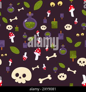 Nahtloses Muster, süßer Schädel, Blätter, Giftflaschen, Kürbisse, rote Fliegenpilze. Halloween-Hintergrund im Cartoon-Stil. Muster für Verpackungen, Textilien Stock Vektor