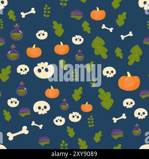 Nahtloses Muster süßer Schädel und Blätter und Flasche mit Gift oder Trank und Kürbis. Halloween-Hintergrund im Cartoon-Stil. Muster für Verpackung, Text Stock Vektor