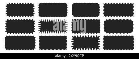Leere schwarze Rechteckrahmen mit wackeligen Rändern. Gezackte rechteckige Feldelemente mit Zickzackkanten auf weißem Hintergrund. Geometrische, gewellte Etiketten im Zickzack-Stil, geschwungene Abzeichen und gezackte Aufkleber Stock Vektor