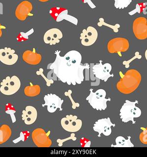 Nahtloses Muster süßer weißer Geist, Kürbisse, bezaubernder Schädel und Knochen. Halloween-Muster im Cartoon-Stil. Muster für Textilien, Verpackungen, Tapeten. Stock Vektor