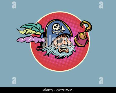 Glückliches Piratengesicht mit Stirnband, Hut und Haken. Ein unterhaltsames Programm für Kinder mit Abenteuer. Süßes und fröhliches Maskottchen. Stock Vektor