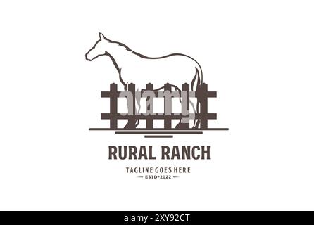 Vintage Standing Horse mit Zaunlogo für die ländliche Ranch Stock Vektor