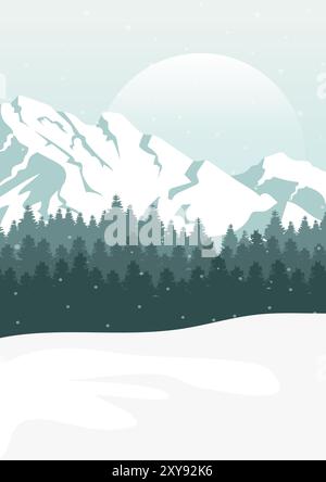 Schneebedecktes Panorama, minimalistische Wandeinrichtung. Landschaftsillustration der winterweihnachtskarte. Waldschnee, Tierwelt in den Alpen. Vektorgrafik. Phantasiemöglichkeiten Stock Vektor