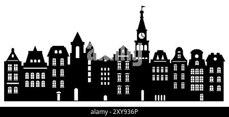 Abstrakter urbaner Hintergrund. Häuserset im Amsterdamer Stil. Lasergeschnittene Silhouette. Stilisierte Fassaden von Gebäuden in alteuropäischer Sicht. Stock Vektor