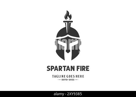 Griechischer Sparta-spartanischer Krieger mit Brandflammenwappen-Logo-Design Stock Vektor