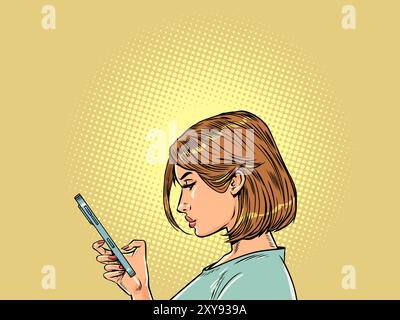 Das Mädchen schaut ernsthaft ans Telefon. Kommunikation über soziale Netzwerke. Suche nach Informationen auf Websites. Comic-Comic-Pop-Art-Retro-vecto Stock Vektor