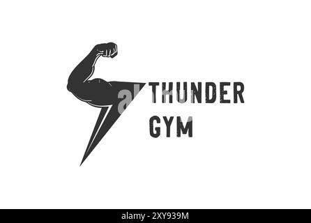 Starke muskulöse Hand Bicep mit Zeus Thunderbolt elektrischem Licht für Gym Fitness Sport Logo Stock Vektor