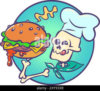 Skelettkoch hält einen Cheeseburger. Mexikanischer Feiertag Tag der Toten und Restaurant Maskottchen. Halloween-Gerichte. Stock Vektor