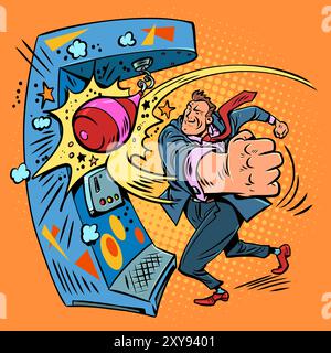 Ein Mann im Anzug schlägt einen Spielautomaten mit einer Birne. Schlagen Sie Ihre Konkurrenten nieder. Ein großer Schlag für dein Geschäft. Stock Vektor