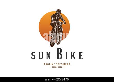 Vintage Sonnenaufgang Sonnenuntergang mit springendem Dirt Bike für Sport Race Club Competition Logo Design Stock Vektor