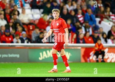 Oakwell Stadium, Barnsley, England - 27. August 2024 Aiden Marsh (19) von Barnsley - während des Spiels Barnsley gegen Sheffield United, Carabao Cup, Runde zwei, 2024/25, Oakwell Stadium, Barnsley, England - 27. August 2024 Credit: Arthur Haigh/WhiteRosePhotos/Alamy Live News Stockfoto