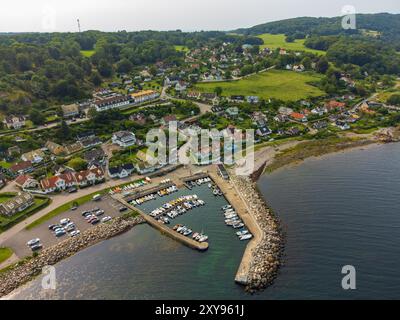 Arild, Schweden, kleines Fischerdorf, aus der Vogelperspektive, grüne üppige Vegetation, bunte Häuser und kleine Boote in einem Hafen. Stockfoto