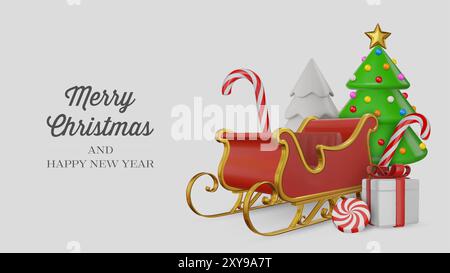 weihnachtskarte mit 3D-Elementen. weihnachtsbanner mit Schneemann, weihnachtsbäumen, Geschenkbox, Pfefferminzbonbons und Zuckerstangen. Weihnachtshintergrund Stock Vektor