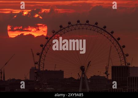 London, Großbritannien. August 2024. Wetter in Großbritannien: Eine dramatische Abendsonne untergeht in der Nähe des London Eye Riesenrads. Guy Corbishley/Alamy Live News Stockfoto