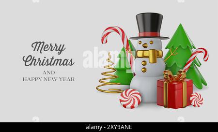 weihnachtskarte mit 3D-Elementen. weihnachtsbanner mit Schneemann, weihnachtsbäumen, Geschenkbox, Pfefferminzbonbons und Zuckerstangen. Weihnachtshintergrund Stock Vektor