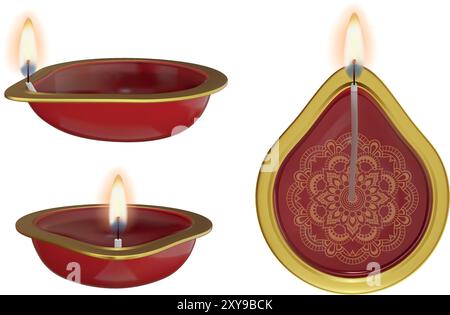 Isolierte Diwali diya. Diwali Öllampe mit Flamme. 3D diwali Kerzen Stock Vektor