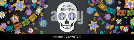 dia de los muertos-Banner mit Papierblumen und Schädel. Tag des toten Hintergrunds Stock Vektor