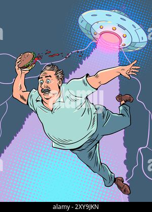 Ein gewöhnlicher Mann mit einem Burger wird von Aliens entführt. Invasion außerirdischer Kräfte auf der Erde. Lustiges Fastfood-Lieferbanner. Pop Art Retro Vec Stock Vektor