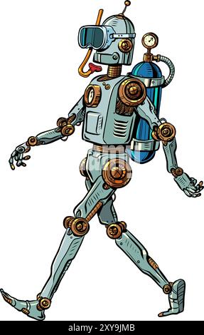 Der Vintage-Roboter wird mit Tauchausrüstung geliefert. Urlaubsauswahl Empfehlungssystem. Mesanismen für das Studium der Tiefsee. Pop Art Retro Vektor Illustration Stock Vektor
