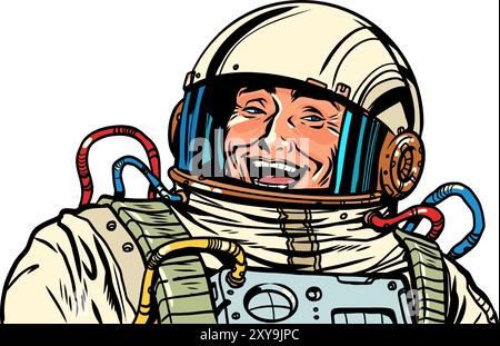 Pop Art Retro der Astronaut lächelt. Der Held freut sich über einen weiteren Sieg. Gemeinsam den Weltraum erkunden. Stock Vektor