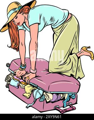 Pop Art Retro Ein Mädchen packt ihren Koffer für einen Sommerurlaub. Organisieren des Gepäcks für den Flug. Die besten Flugtickets kaufen. Stock Vektor