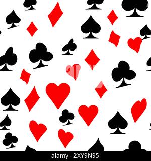Rotes, schwarzes, goldenes Spielkartenmuster. Pik, Kreuze, Diamanten und Herzen. Passt zum Kartenspielen Stock Vektor