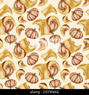Herbstliche gelbe Gummistiefel und orangefarbene, reife Kürbis nahtlose Aquarellillustration Stockfoto