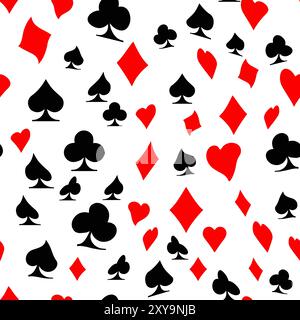 Rotes, schwarzes, goldenes Spielkartenmuster. Pik, Kreuze, Diamanten und Herzen. Passt zum Kartenspielen Stock Vektor