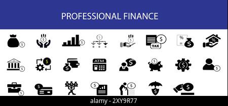 Die Kollektion Professional Finance Icons enthält klare, minimalistische Symbole, die wichtige Finanzkonzepte wie Geldmanagement, Banking und i repräsentieren Stock Vektor