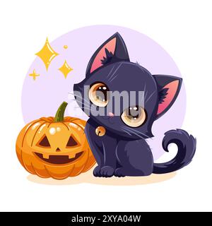 Entzückende bunte Vektor-Illustration einer niedlichen schwarzen Katze mit großen Augen, die neben einem geschnitzten Halloween Kürbis sitzt Stock Vektor