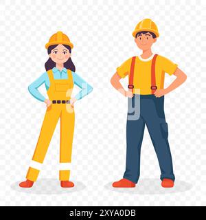 Bauarbeiter Mann, Frau. Arbeitstag-Konzept. Männliche, Weibliche Arbeiter Tragen Schutzhelme. Bauarbeiter, Teamwork Illustration für Arbeit Stock Vektor