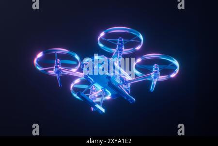 Eine Drohne im Neon-Stil, 3D-Rendering. 3D-Abbildung. Stockfoto