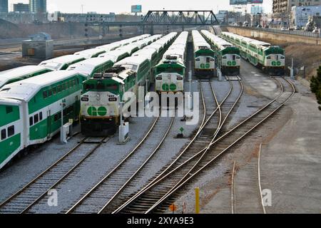 Eine Reihe von grün-weißen GO Transit-Zügen parkten auf parallelen Gleisen auf einem Bahnhofsgelände in Toronto, Ontario, vor städtischer Kulisse. Stockfoto