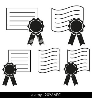 Symbole für Zertifikat und Menüband. Schwarze Prämiensymbole. Abbildung des Leistungsdokuments. Einfaches Vektordesign. Stock Vektor