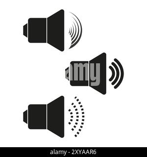 Lautsprechersymbol gesetzt. Symbole für Schallwellen. Schwarze Lautsprechersymbole. Audiolautstärkenanzeigen. Stock Vektor
