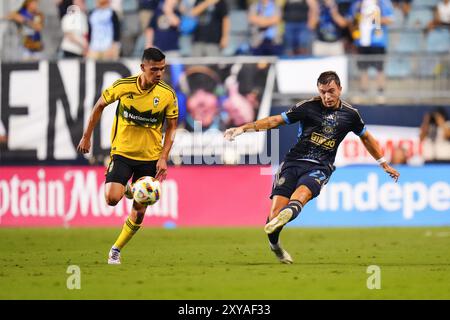 28. August 2024: Der Philadelphia Union Defender Kai Wagner (27) tritt in der ersten Hälfte eines MLS-Spiels gegen die Philadelphia Union im Subaru Park in Chester, Pennsylvania. Kyle Rodden/CSM Stockfoto